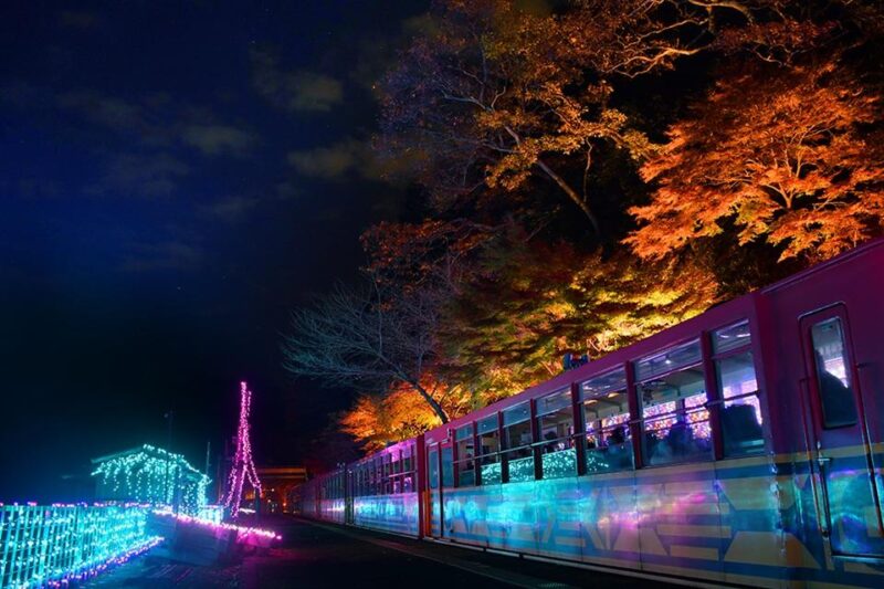 교토 사가노 토롯코 열차에서 보는 라이트업된 산과 강의 밤 풍경