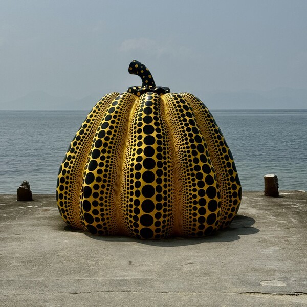 바닷가에 설치된 나오시마의 대표작 노란 호박 조형물