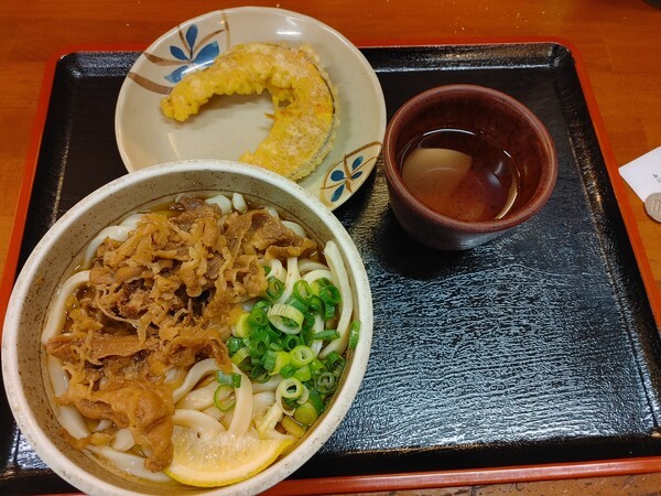 멘도코로 와타야 소고기 고명 냉우동 하프 사이즈와 튀김 사진