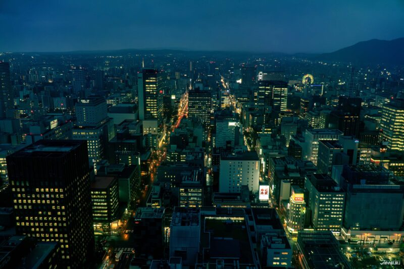 삿포로 겨울 야경 속을 걷는 사람들과 일루미네이션 거리