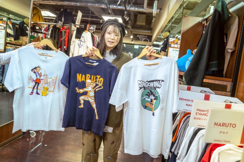 anime t-shirts and other anime merch at BOOKOFF PLUS Namba Ebisubachi