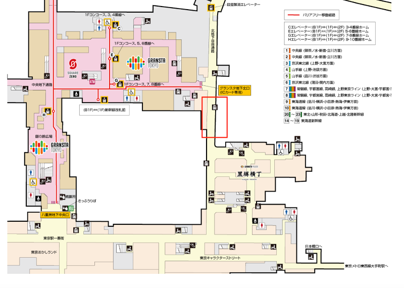 แผนที่แสดงตำแหน่งล็อกเกอร์ Multi Ecube ชั้น B1 ในสถานีโตเกียว